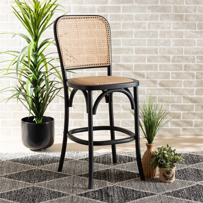 Baxton Studio Vance Brown Woven Rattan and Black Wood Cane Counter Stool