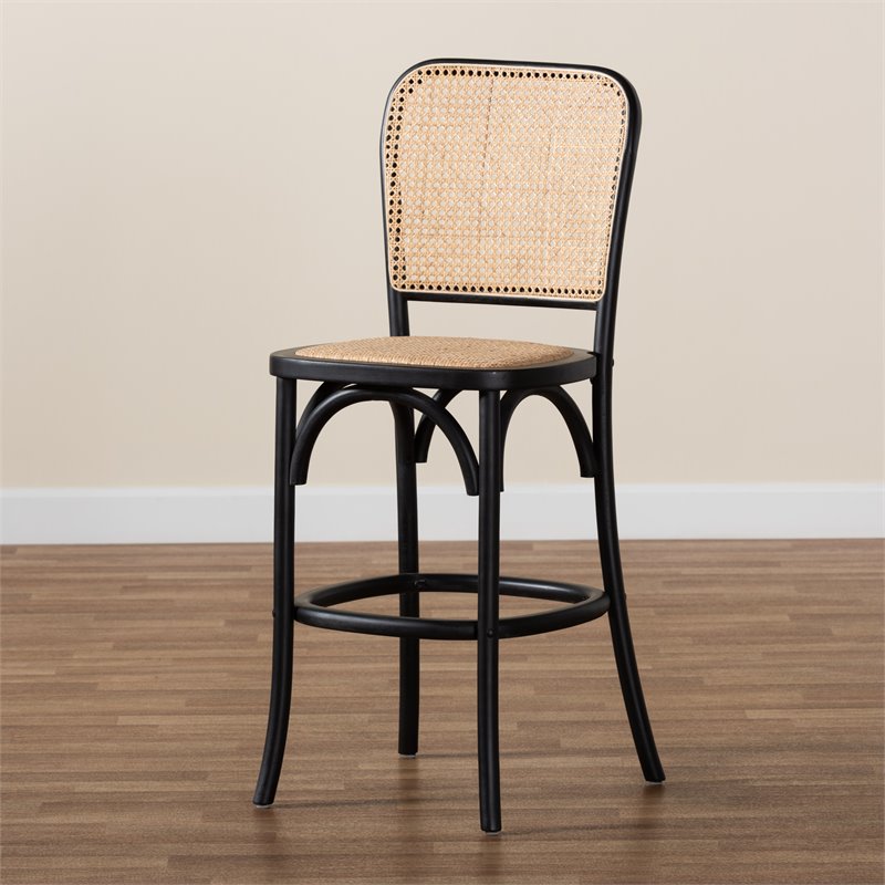 Baxton Studio Vance Brown Woven Rattan and Black Wood Cane Counter Stool