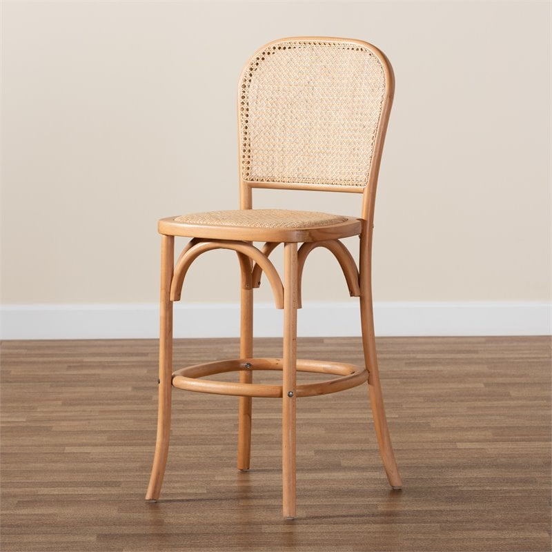 Baxton Studio Vance Brown Woven Rattan and Wood Cane Counter Stool