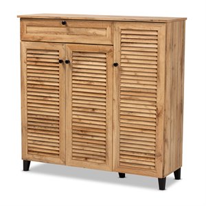 baxton studio coolidge brown finished wood 3-door shoe storage cabinet