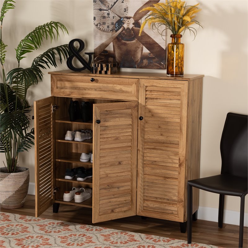 Baxton Studio Coolidge Brown Finished Wood 3-Door Shoe Storage Cabinet
