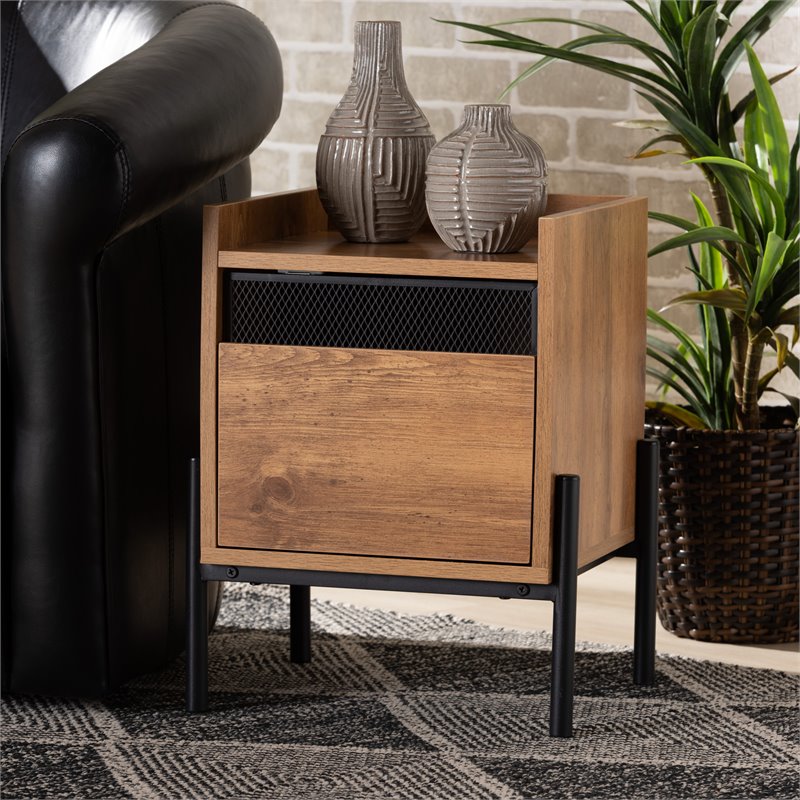 Baxton Studio Tasman Natural Brown Finished Wood and Black Metal End Table