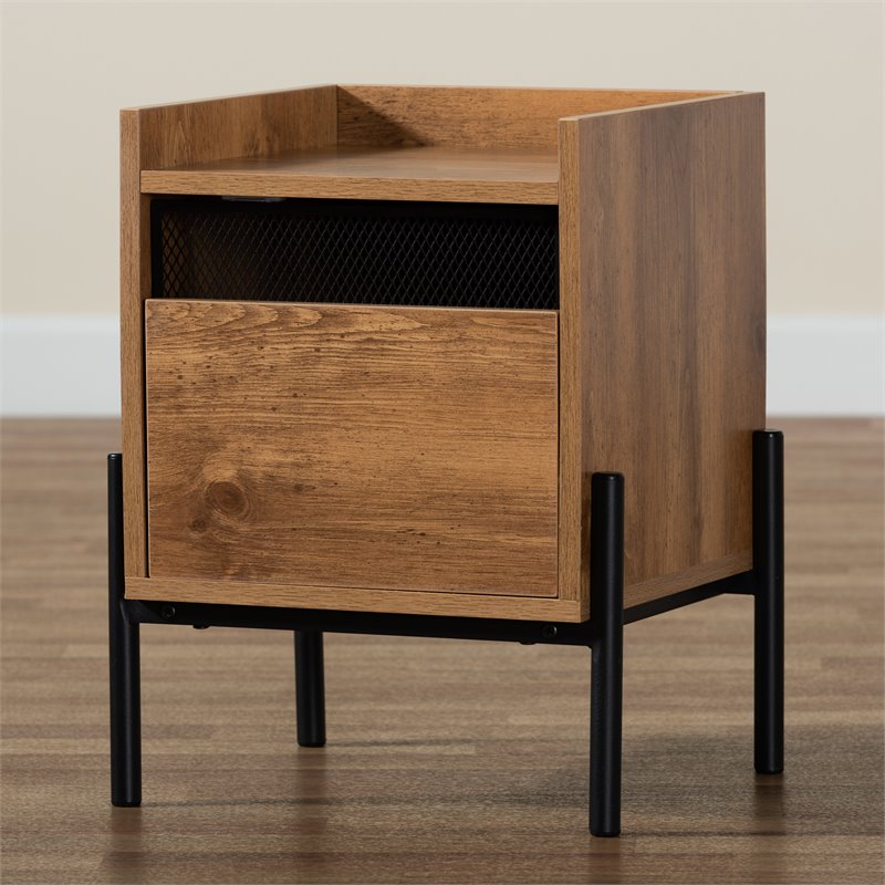 Baxton Studio Tasman Natural Brown Finished Wood and Black Metal End Table