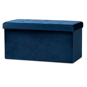 baxton studio castel navy blue velvet fabric upholstered wood storage ottoman