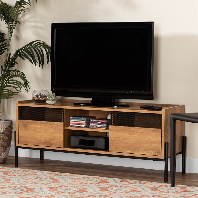 Baxton Studio Tasman Brown Finished Wood and Black Metal 2-Door TV Stand