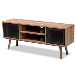 baxton studio yuna natural brown finished wood and black metal 2-door tv stand