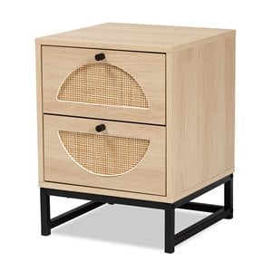 Baxton Studio Ardon Brown Wood and Black Metal 2-Drawer End Table with Rattan