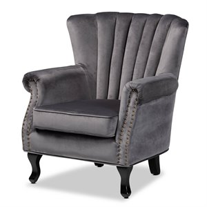 baxton studio relena gray velvet and dark brown finished wood armchair