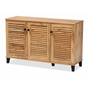 baxton studio coolidge oak brown finished wood 3-door shoe storage cabinet
