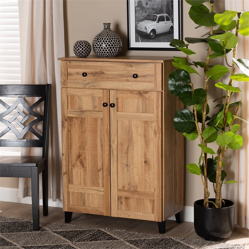 Baxton Studio Glidden Oak Brown Finished Wood 1-Drawer Shoe Storage Cabinet