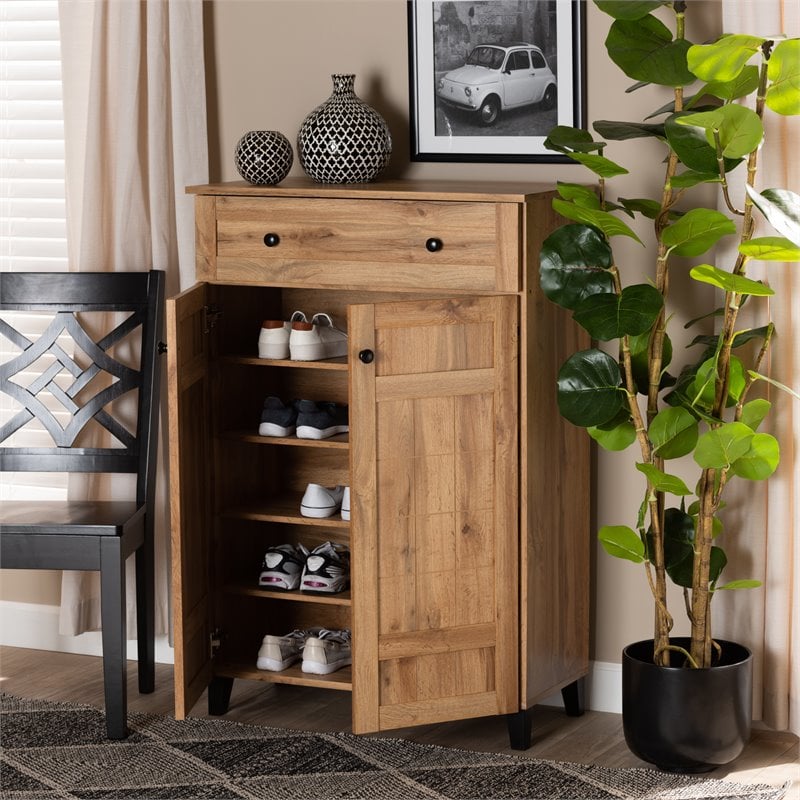 Baxton Studio Glidden Oak Brown Finished Wood 1-Drawer Shoe Storage Cabinet
