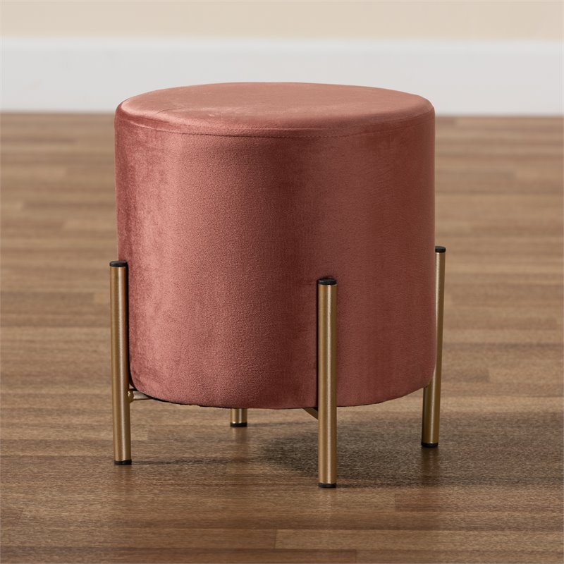 Baxton Studio Thurman Pink Velvet and Gold Finished Metal Ottoman