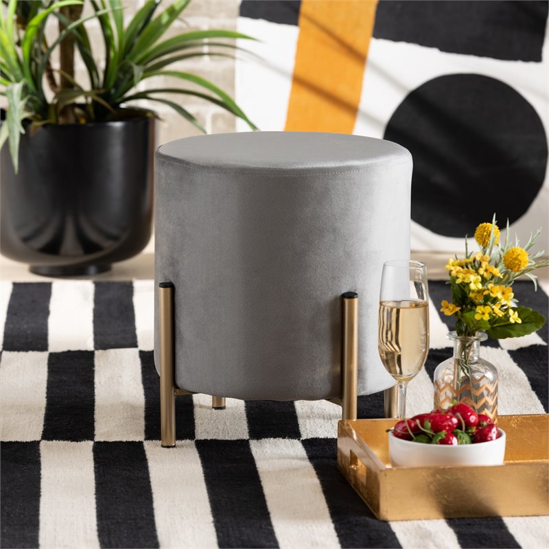 Baxton Studio Thurman Grey Velvet and Gold Finished Metal Ottoman