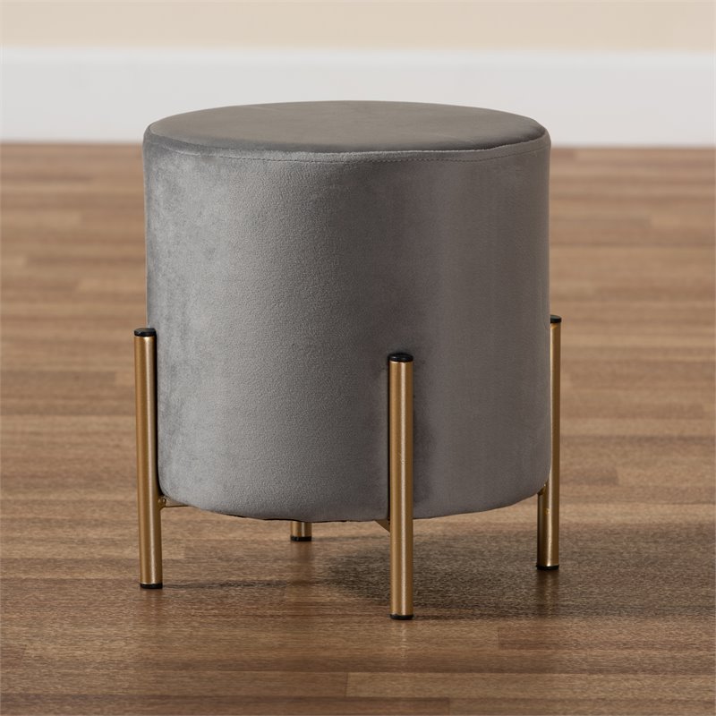 Baxton Studio Thurman Grey Velvet and Gold Finished Metal Ottoman