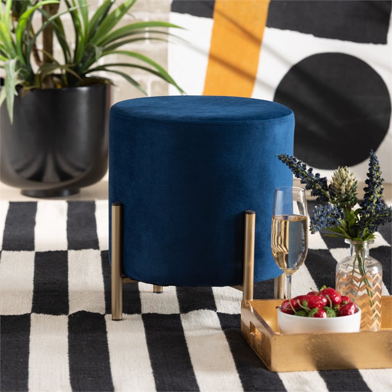 Baxton Studio Thurman Navy Blue Velvet and Gold Finished Metal Ottoman