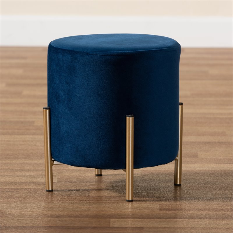 Baxton Studio Thurman Navy Blue Velvet and Gold Finished Metal Ottoman