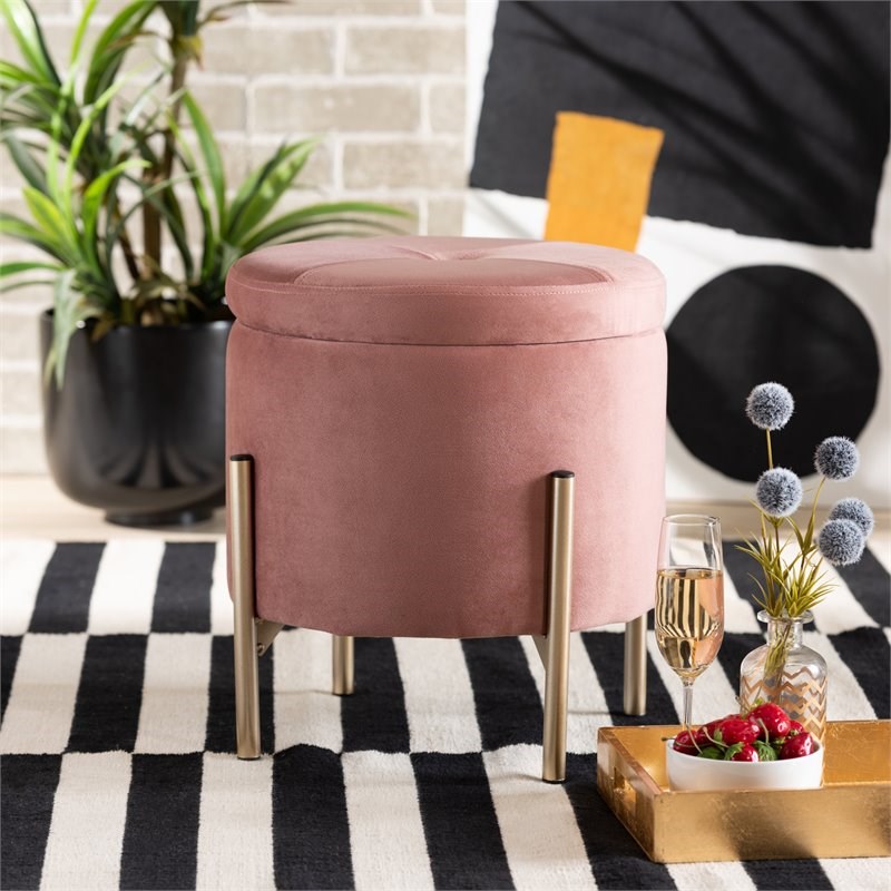 Baxton Studio Malina Pink Velvet and Gold Finished Metal Storage Ottoman
