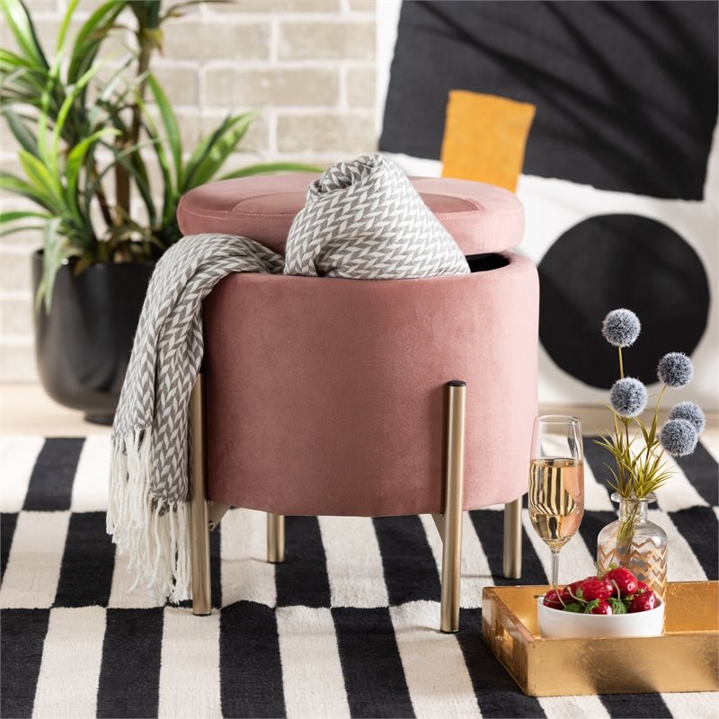 Baxton Studio Malina Pink Velvet and Gold Finished Metal Storage Ottoman