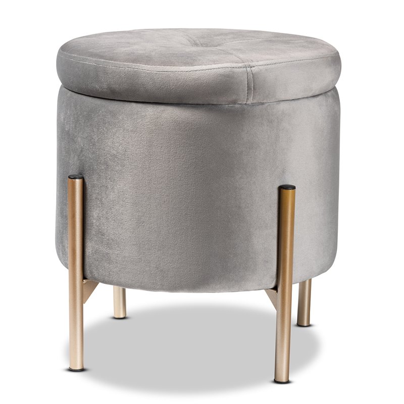 Baxton Studio Malina Gray Velvet and Gold Finished Metal Storage Ottoman