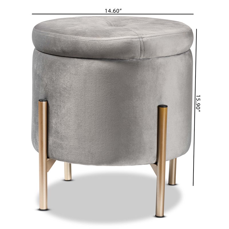 Baxton Studio Malina Gray Velvet and Gold Finished Metal Storage Ottoman