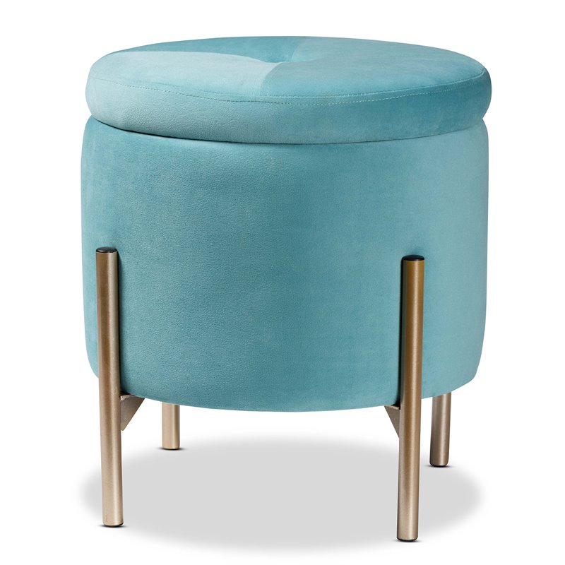 Baxton Studio Malina Sky Blue Velvet and Gold Finished Metal Storage Ottoman