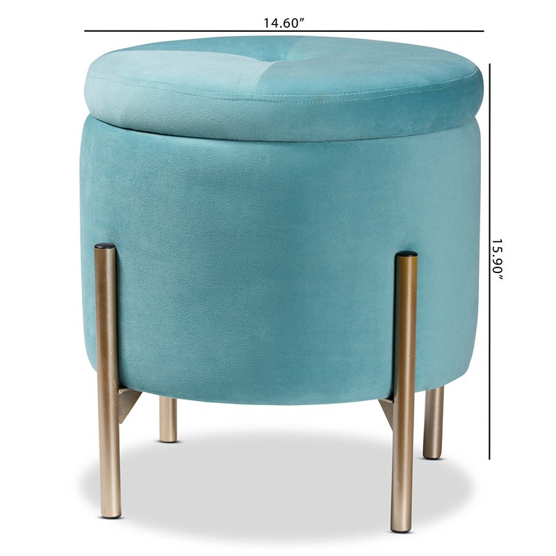 Baxton Studio Malina Sky Blue Velvet and Gold Finished Metal Storage Ottoman