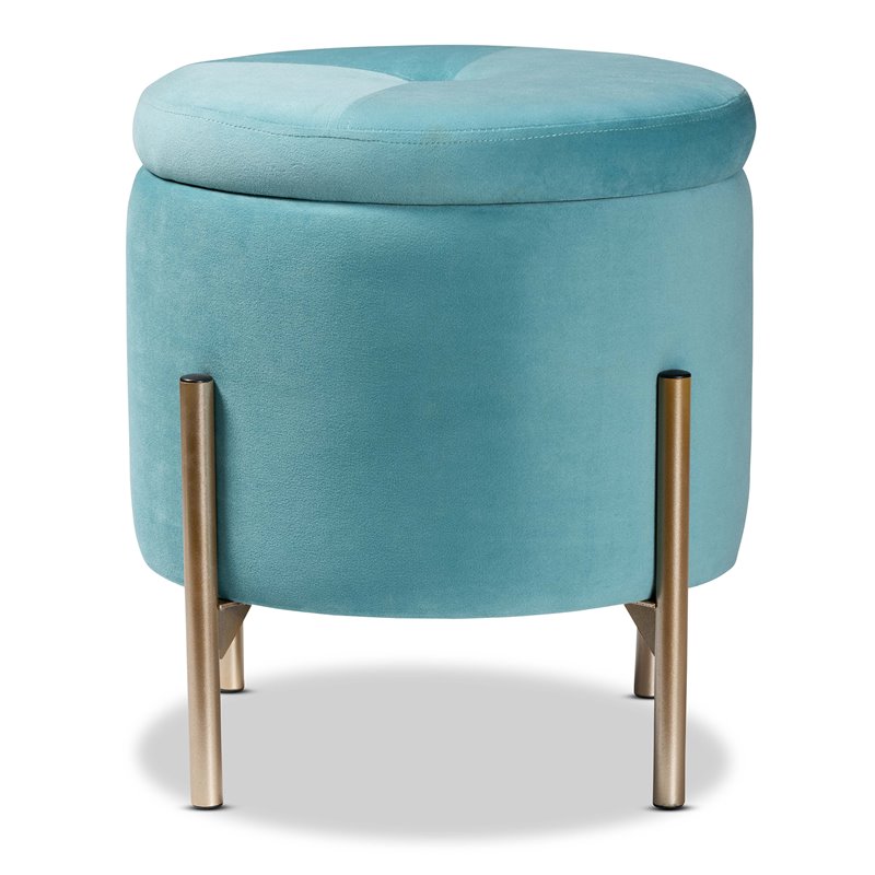 Baxton Studio Malina Sky Blue Velvet and Gold Finished Metal Storage Ottoman
