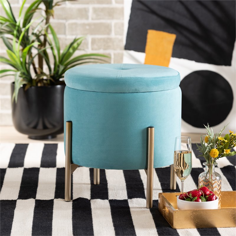 Baxton Studio Malina Sky Blue Velvet and Gold Finished Metal Storage Ottoman