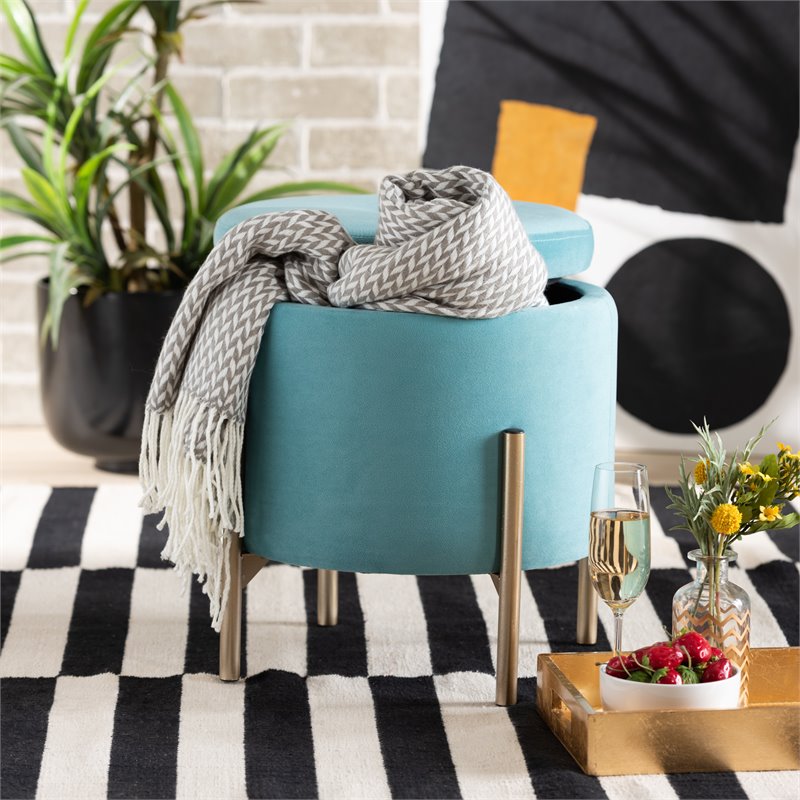 Baxton Studio Malina Sky Blue Velvet and Gold Finished Metal Storage Ottoman