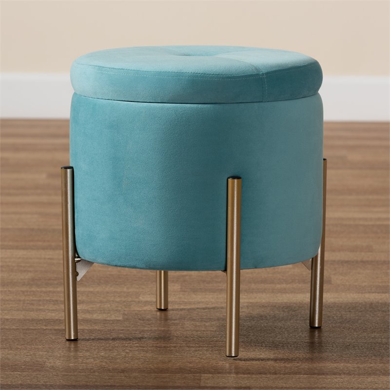 Baxton Studio Malina Sky Blue Velvet and Gold Finished Metal Storage Ottoman