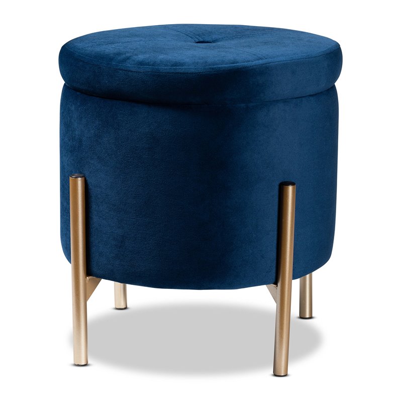 Baxton Studio Malina Navy Blue Velvet and Gold Finished Metal Storage Ottoman
