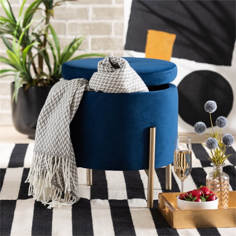 Baxton Studio Malina Navy Blue Velvet and Gold Finished Metal Storage Ottoman