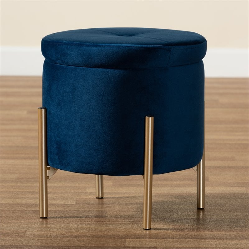 Baxton Studio Malina Navy Blue Velvet and Gold Finished Metal Storage Ottoman