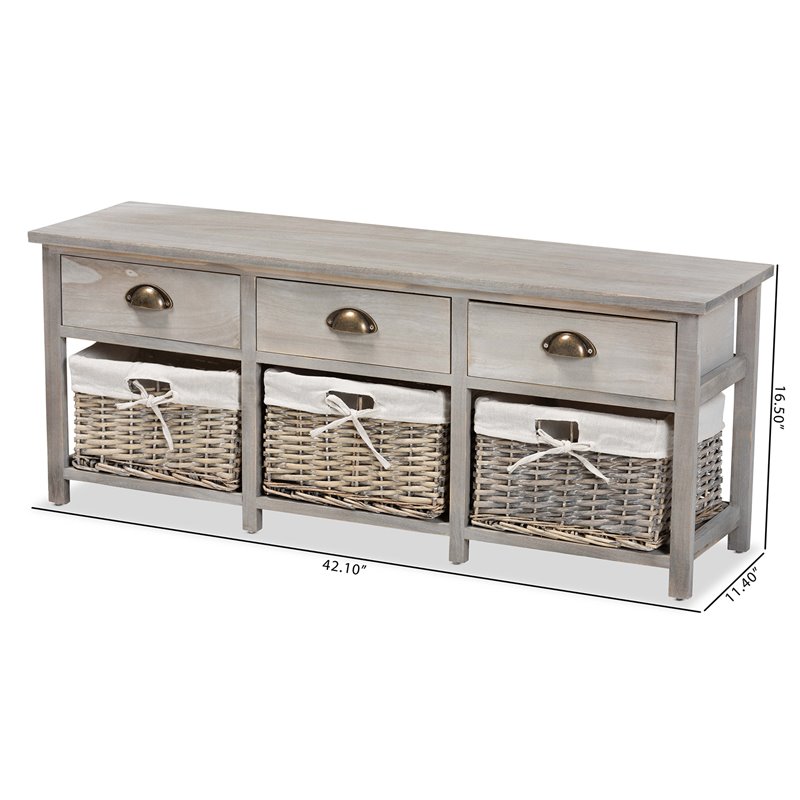 Baxton Studio Mabyn Light Gray Finished Wood 3-Drawer Storage Bench