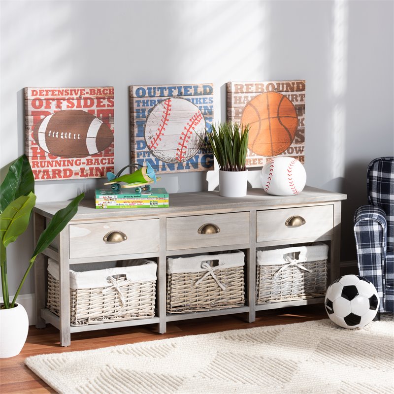 Baxton Studio Mabyn Light Gray Finished Wood 3-Drawer Storage Bench