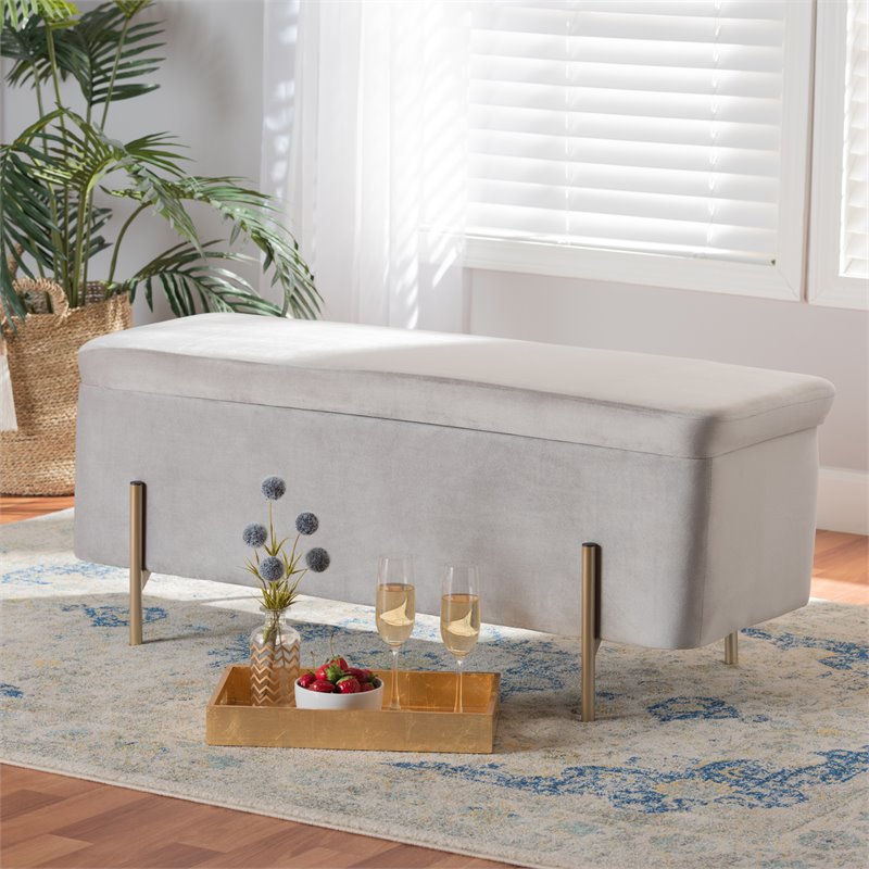 Baxton Studio Rockwell Grey Velvet and Gold Finished Metal Storage Bench