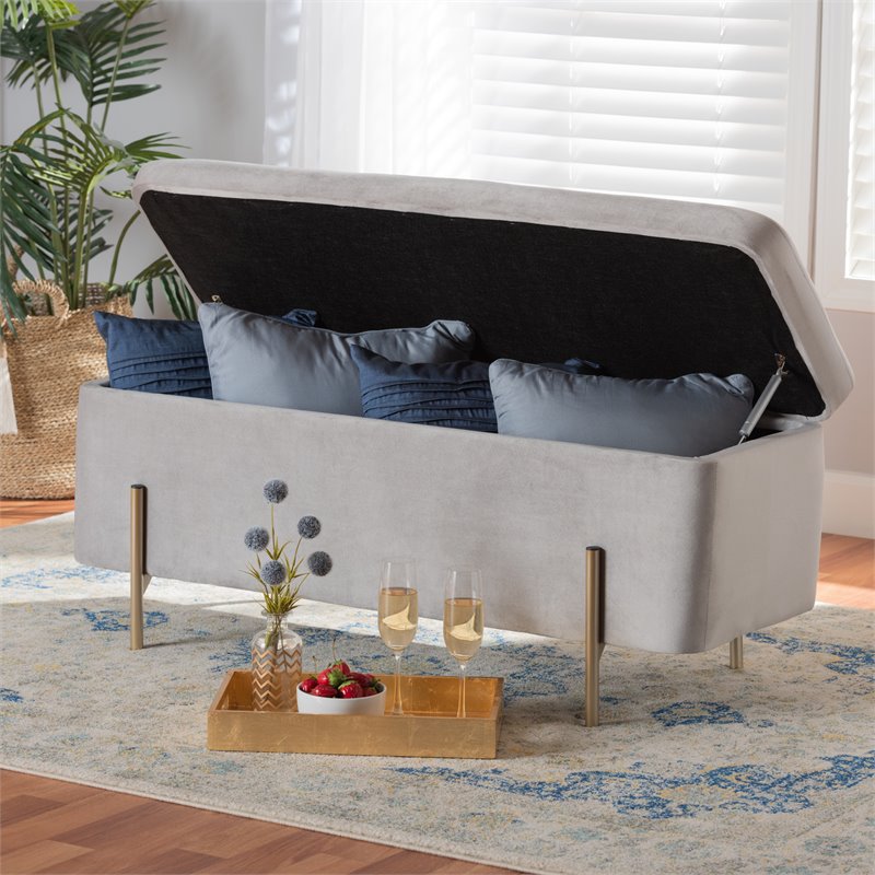 Baxton Studio Rockwell Grey Velvet and Gold Finished Metal Storage Bench
