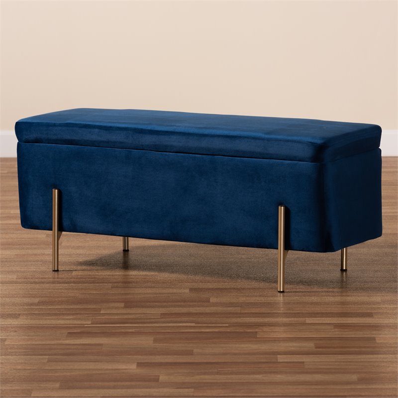 Baxton Studio Rockwell Navy Blue Velvet and Gold Finished Metal Storage Bench