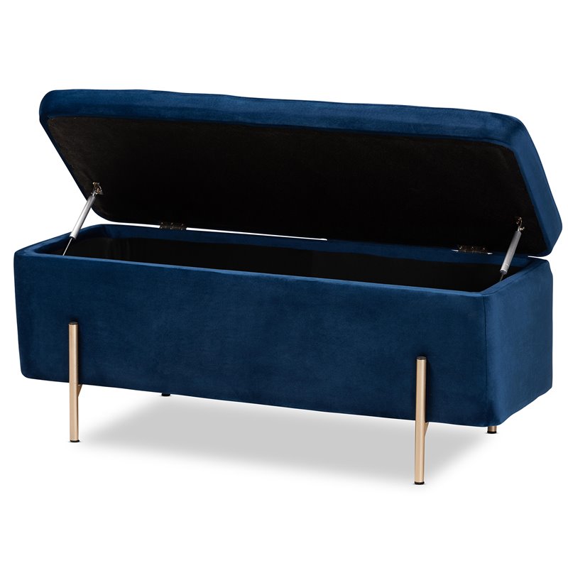 Baxton Studio Rockwell Navy Blue Velvet and Gold Finished Metal Storage Bench