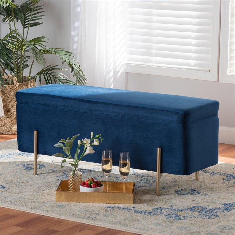 Baxton Studio Rockwell Navy Blue Velvet and Gold Finished Metal Storage Bench