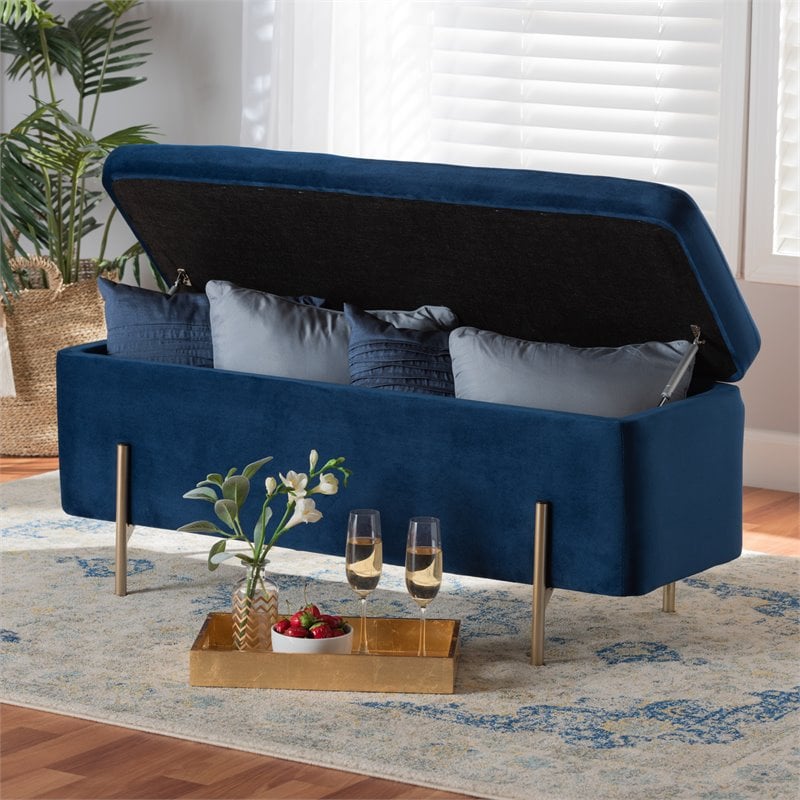 Baxton Studio Rockwell Navy Blue Velvet and Gold Finished Metal Storage Bench
