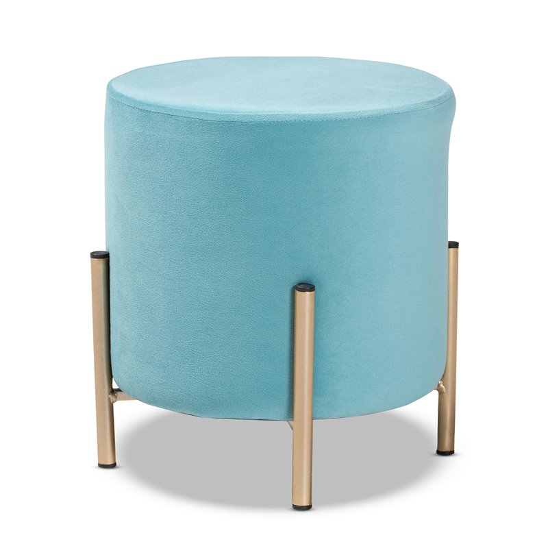 Baxton Studio Thurman Sky Blue Velvet and Gold Finished Metal Ottoman