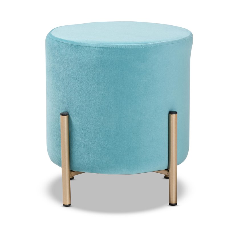 Baxton Studio Thurman Sky Blue Velvet and Gold Finished Metal Ottoman