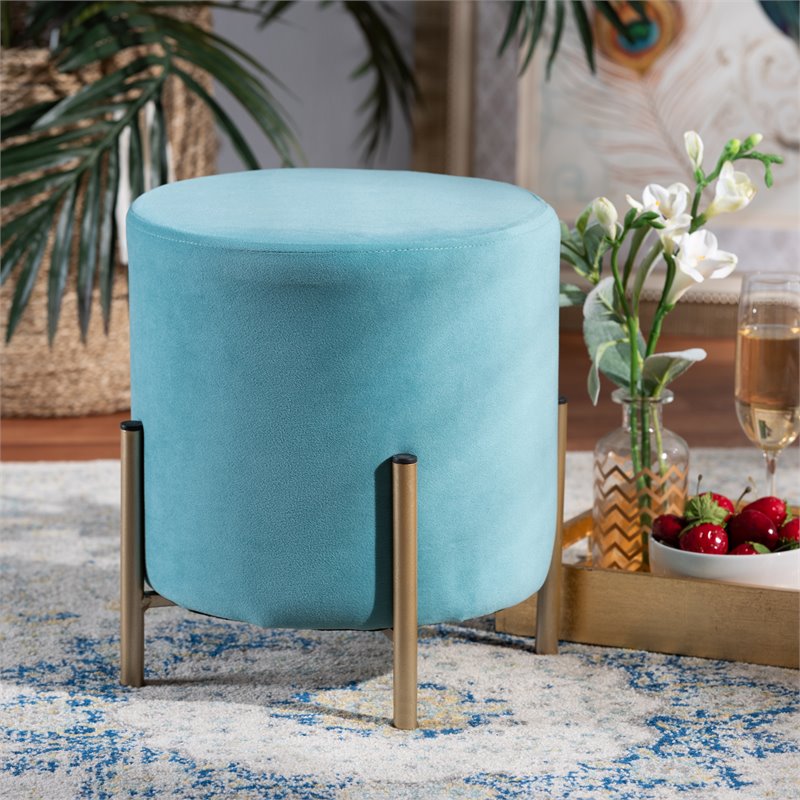 Baxton Studio Thurman Sky Blue Velvet and Gold Finished Metal Ottoman