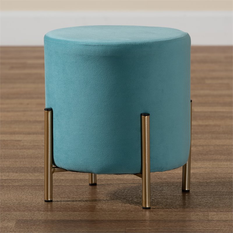 Baxton Studio Thurman Sky Blue Velvet and Gold Finished Metal Ottoman