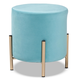 Baxton Studio Thurman Sky Blue Velvet and Gold Finished Metal Ottoman