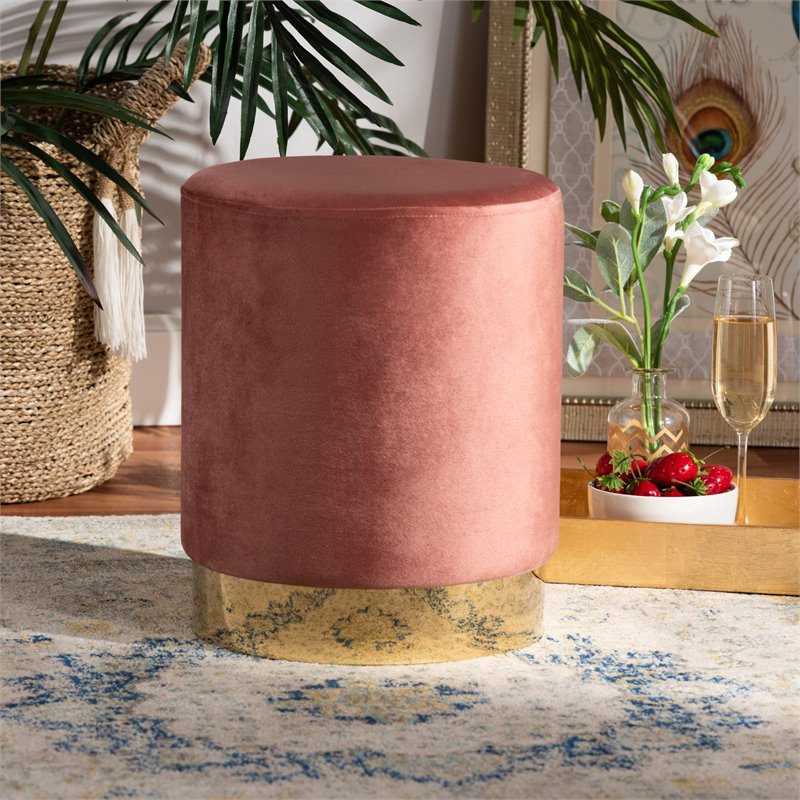 Baxton Studio Chaela Blush Pink Velvet and Gold Finished Metal Ottoman