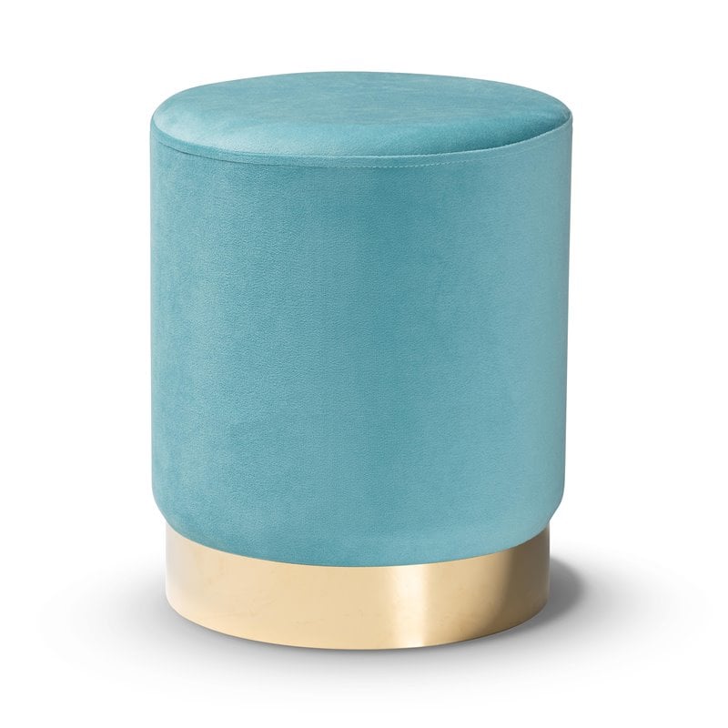 Baxton Studio Chaela Sky Blue Velvet and Gold Finished Metal Ottoman