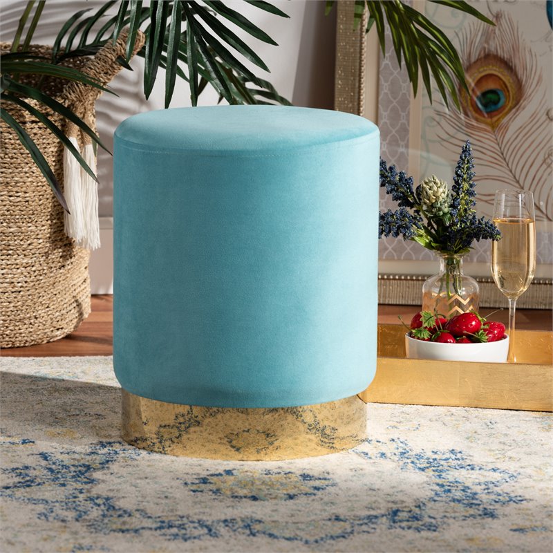 Baxton Studio Chaela Sky Blue Velvet and Gold Finished Metal Ottoman
