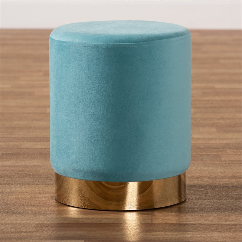 Baxton Studio Chaela Sky Blue Velvet and Gold Finished Metal Ottoman